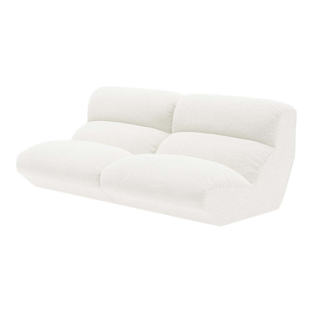 White plush sofa with a soft, textured finish and minimalist design, ideal for modern living spaces.