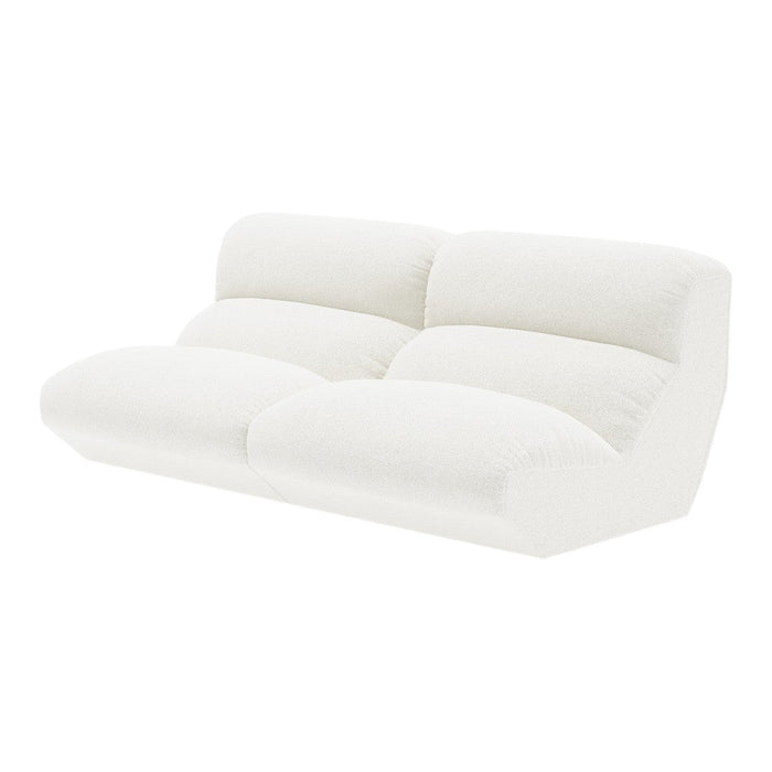 White plush sofa with a soft, textured finish and minimalist design, ideal for modern living spaces.