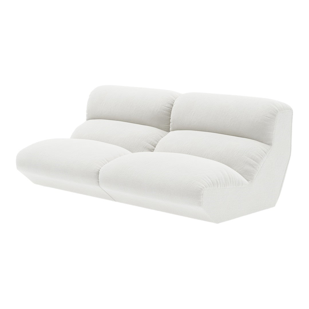 White modern sofa with plush, textured fabric and smooth, minimalist design. Ideal for contemporary living spaces.