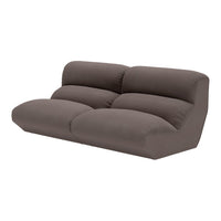 Brown upholstered sofa with a modern, minimalistic design featuring soft, plush cushions and a seamless finish.