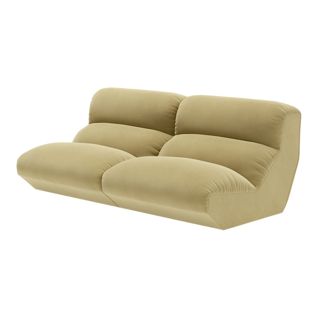 Textured olive green two-seater sofa with plush cushions and a modern design, perfect for contemporary living spaces.