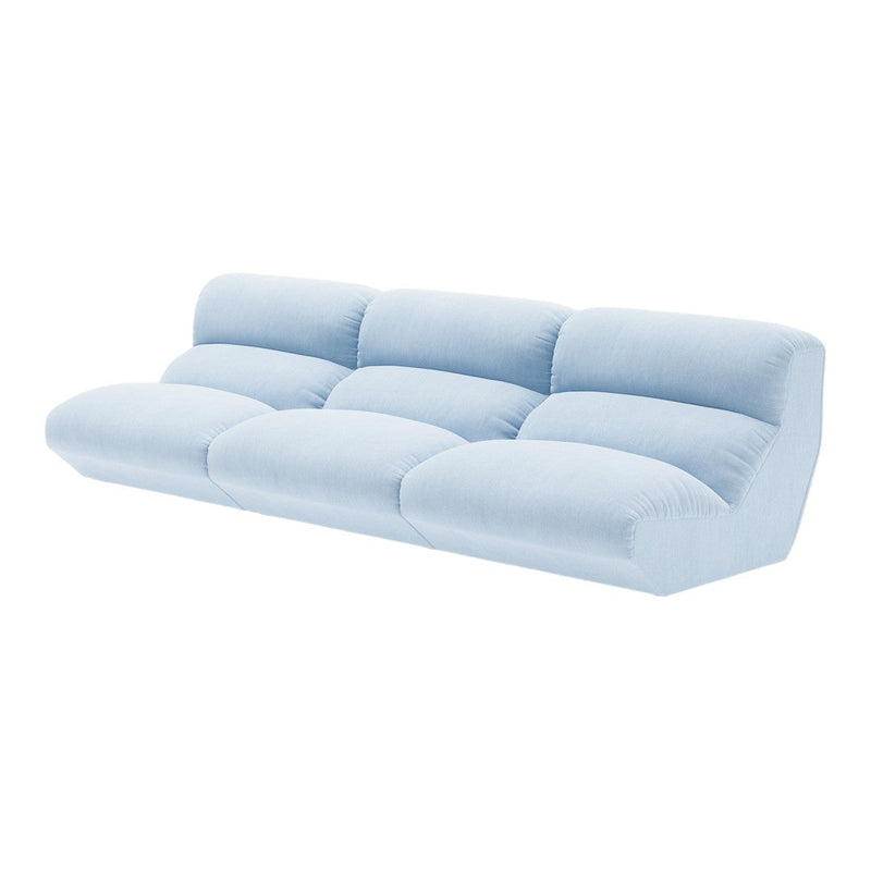 Soft blue three-seater sofa with a smooth, textured fabric and plush cushions for a cozy, modern aesthetic.