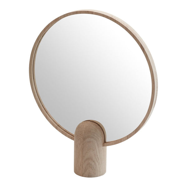 Minimalist round mirror with a light wood frame and smooth, reflective surface, showcasing natural tones and simple design.