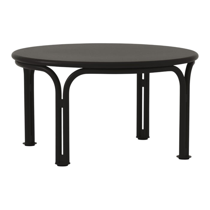 Round black coffee table with a sleek minimalist design and smooth surface, featuring curved black metal legs.