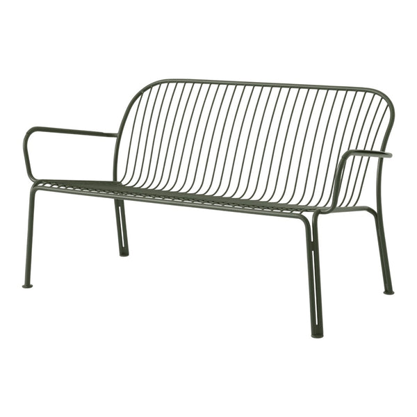 Green metal bench with sleek, modern lines and a minimalist design, featuring a series of horizontal and vertical bars.