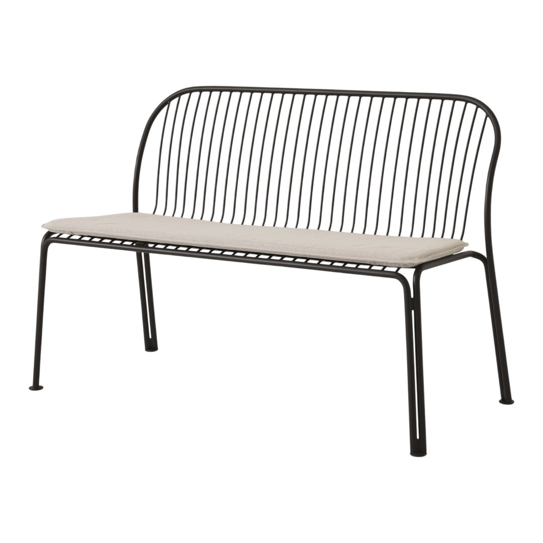 Black metal bench with sleek, vertical lines and a light beige cushion for a modern, minimalist look.
