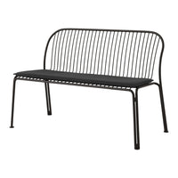 Black metal bench with sleek, minimalist lines and a vertical striped backrest for a modern touch.