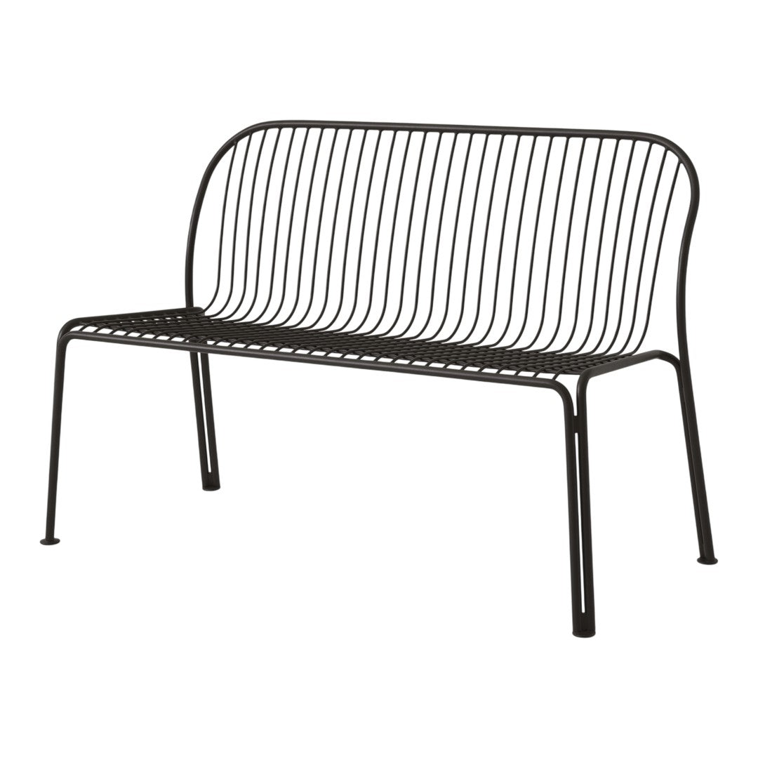 Sleek black metal bench featuring a modern slatted design and minimalist style, perfect for outdoor or indoor use.