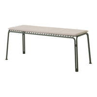 Neutral beige cushion on a dark green metal bench with minimalist design and clean lines.