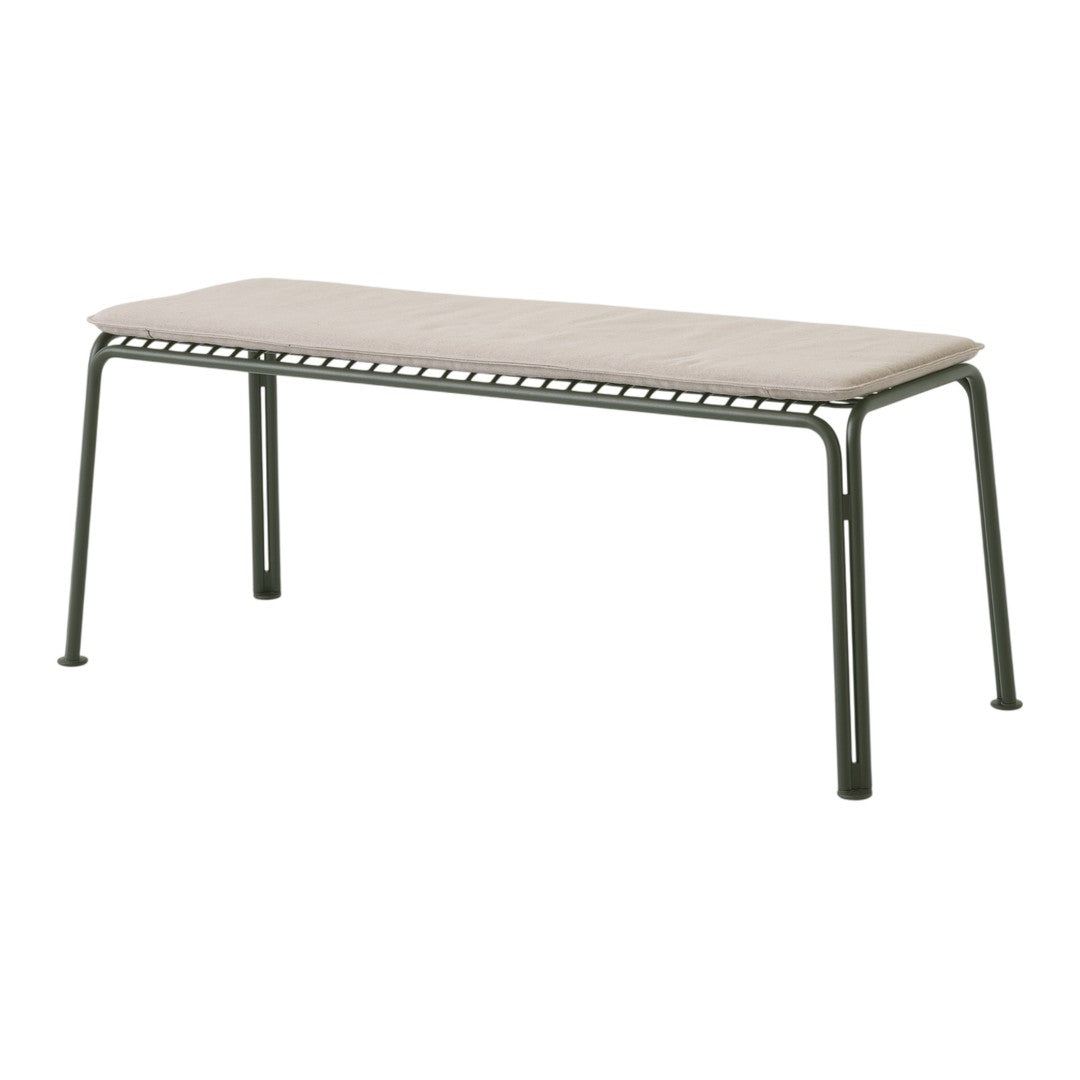 Modern bench with a neutral beige cushion and sleek dark green metal frame. Simple design, versatile for any decor.