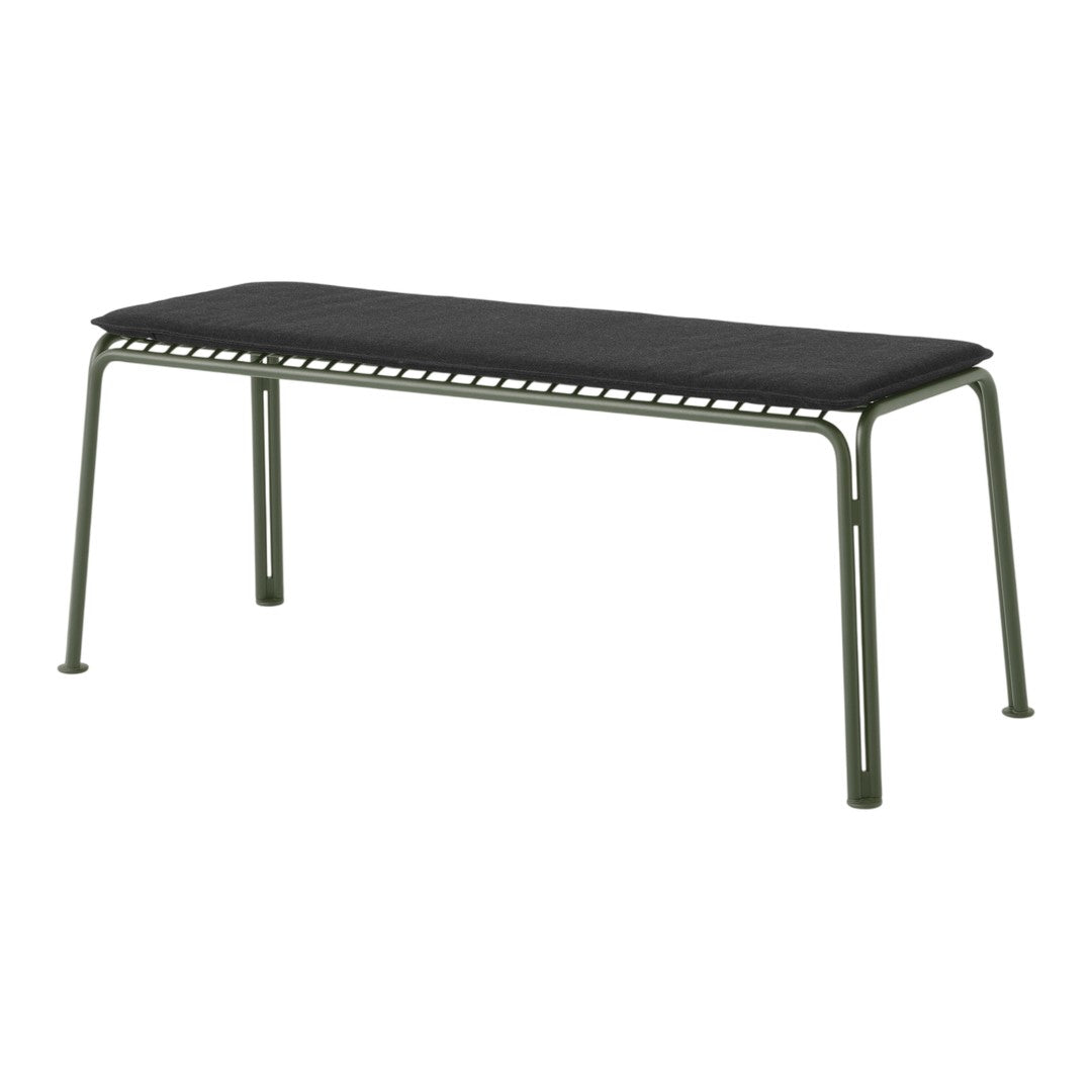 Black padded bench with olive green metal frame and minimalist design, perfect for modern decor.