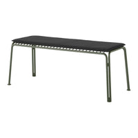 Black padded bench with green metal frame and simple linear design, perfect for modern interiors.