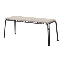 Modern black metal bench with a neutral beige cushion, featuring a sleek, minimalist design. Perfect for any decor.