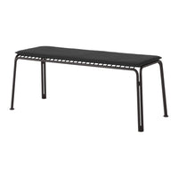Sleek black bench with a minimalist design and perforated detailing for a modern touch. Perfect for any décor.