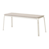 Light beige bench with a textured surface and white metal legs, featuring a clean, modern design.