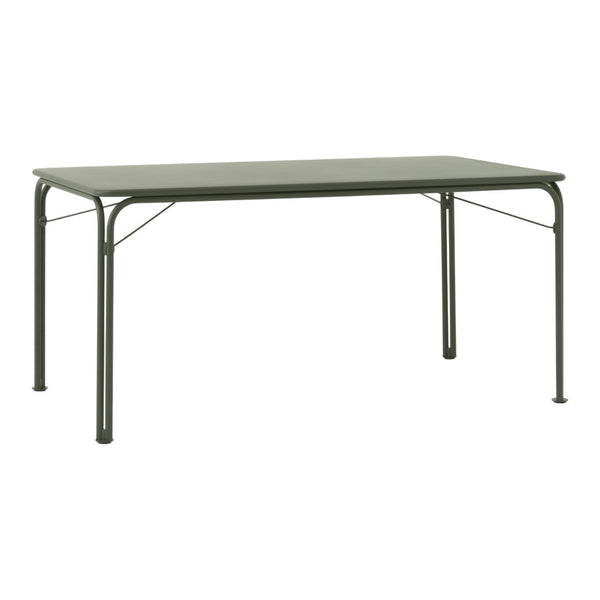 Rectangular table in a sleek, muted green finish with a smooth, solid surface and minimalist design. Perfect for any space.