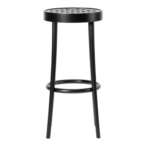 Black metal bar stool with a circular, perforated seat design and sleek, minimalist legs. Perfect for modern spaces.