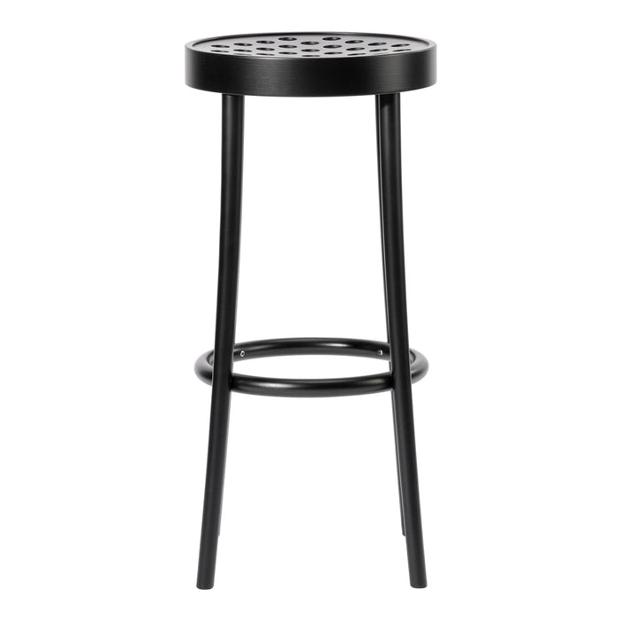 Black metal bar stool with a circular, perforated seat design and sleek, minimalist legs. Perfect for modern spaces.