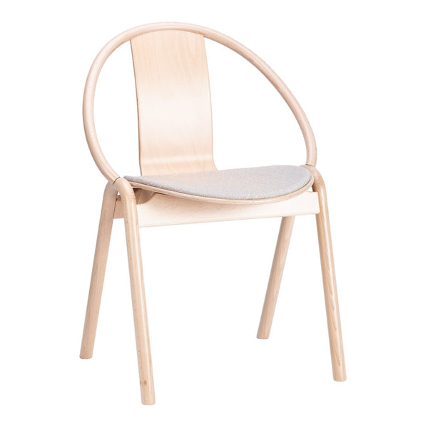 Modern wooden chair with a light natural finish and a soft gray cushion, featuring sleek, minimalist design.