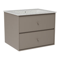 Light brown storage cabinet with a speckled white countertop and two drawers. Suitable for modern decor.