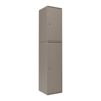 Tall, modern cabinet in a sleek, neutral taupe color with a smooth, matte finish and no visible patterns.