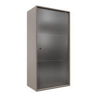 Beige storage cabinet with sleek, ribbed metal design; minimalist and modern aesthetic.