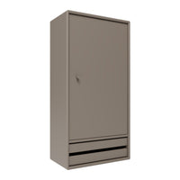 Sleek brown wardrobe with a smooth finish and minimalist design, featuring a single door and a drawer at the base.
