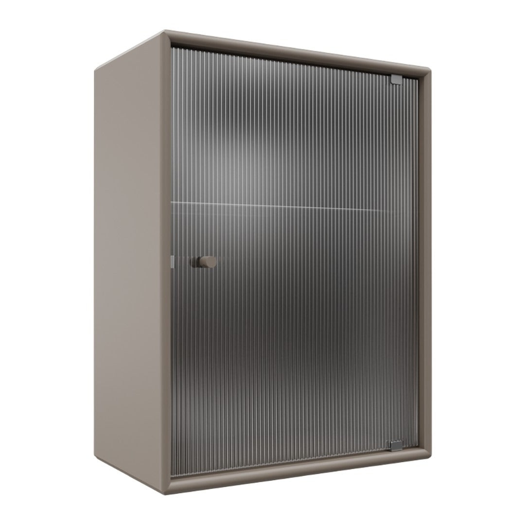 Beige storage cabinet with textured vertical stripes and a sleek silver finish. Modern and minimalistic design.