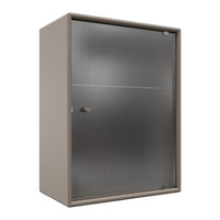 Beige storage cabinet with textured vertical stripes and a sleek silver finish. Modern and minimalistic design.