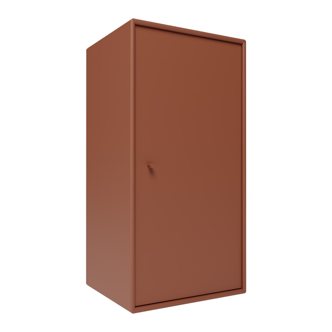 Rust-colored cabinet with a sleek, solid design and simple, modern lines. Perfect for any contemporary space.