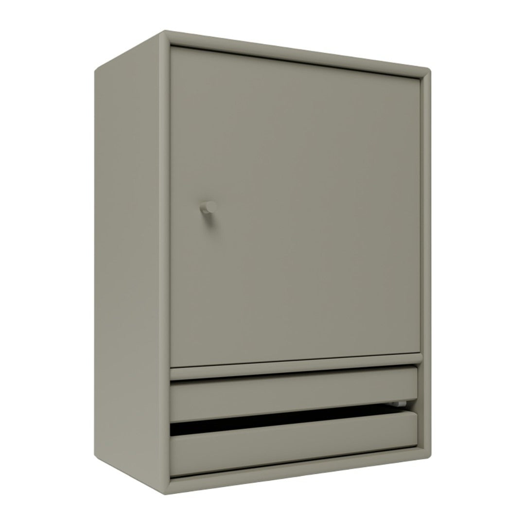 Gray storage cabinet with a smooth finish and minimalist design, featuring a drawer and a single door.