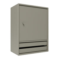 Gray storage cabinet with a smooth finish and minimalist design, featuring a drawer and a single door.
