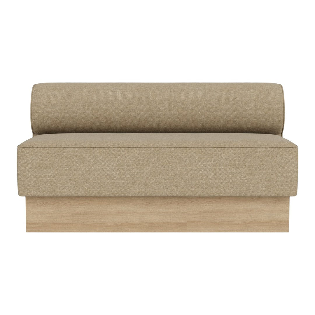 Beige, minimalist loveseat with a smooth, textured fabric and a simple wooden base. Perfect for modern decor.