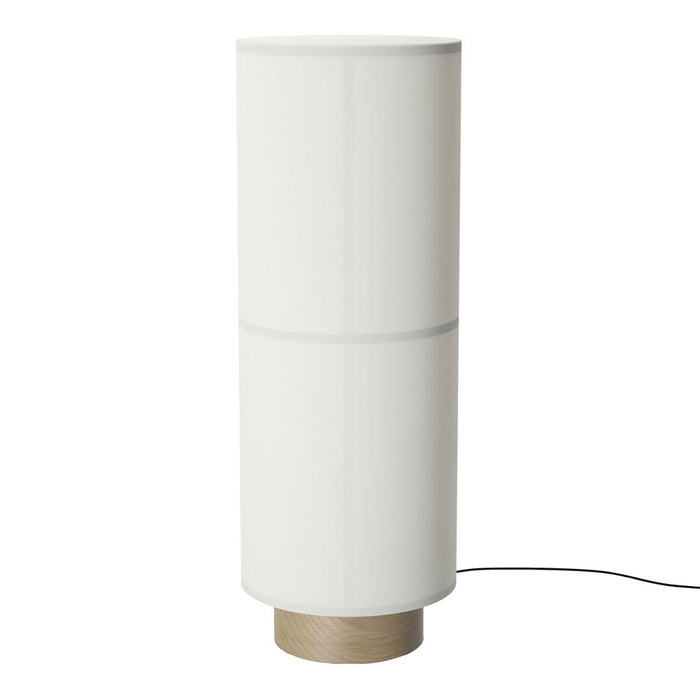 Modern white cylindrical lamp with sleek design and natural wood base. Ideal for minimalist decor.