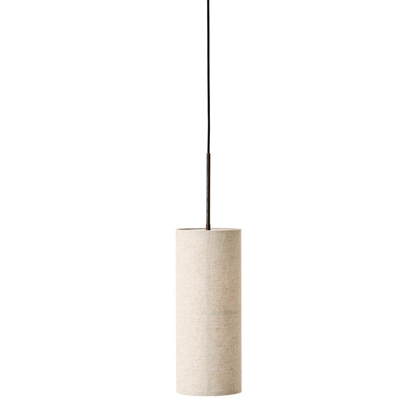 Minimalist beige cylindrical pendant lamp with a sleek black cord, perfect for modern decor.