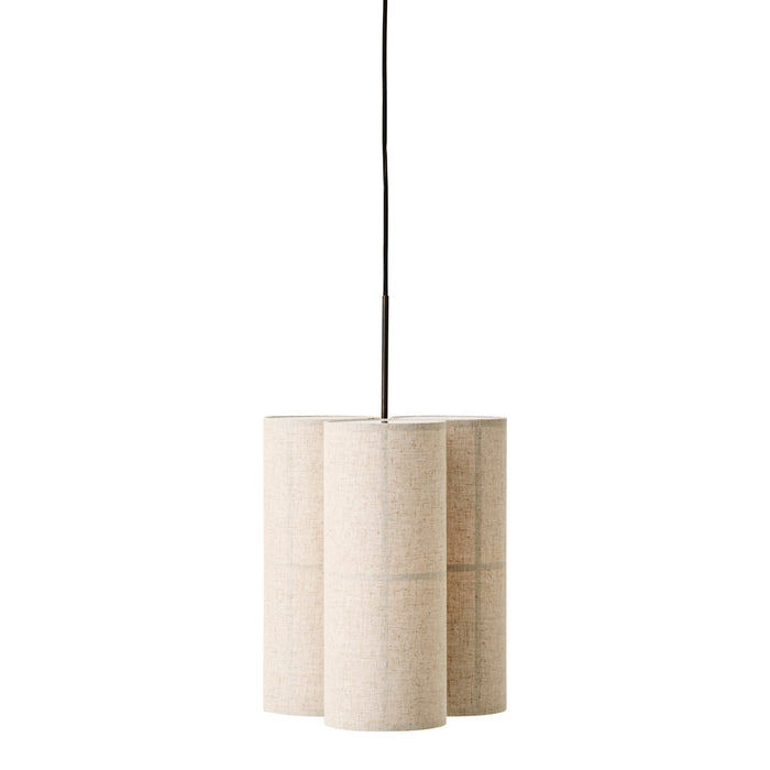 Beige cylindrical pendant light with a textured finish and black suspension cord. Modern and minimalist design.