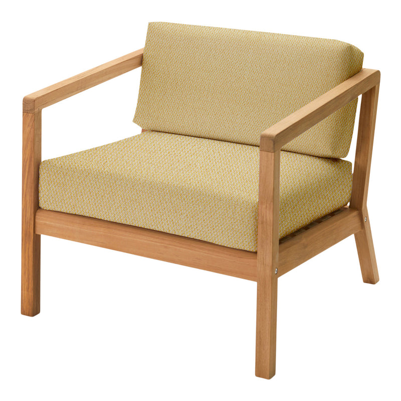 Light yellow upholstered chair with a textured pattern, featuring a natural wood frame and clean, modern design.