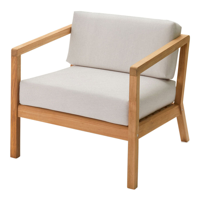 Light gray cushion on a natural wood frame accent chair. Simple, modern design with neutral color palette.