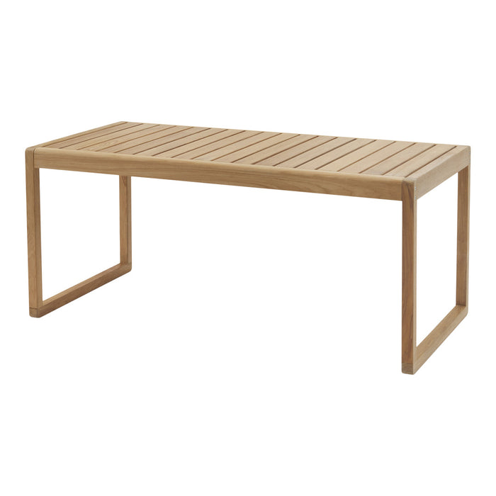 Natural wood coffee table with a slatted top design, featuring a light oak finish and minimalistic, modern lines.