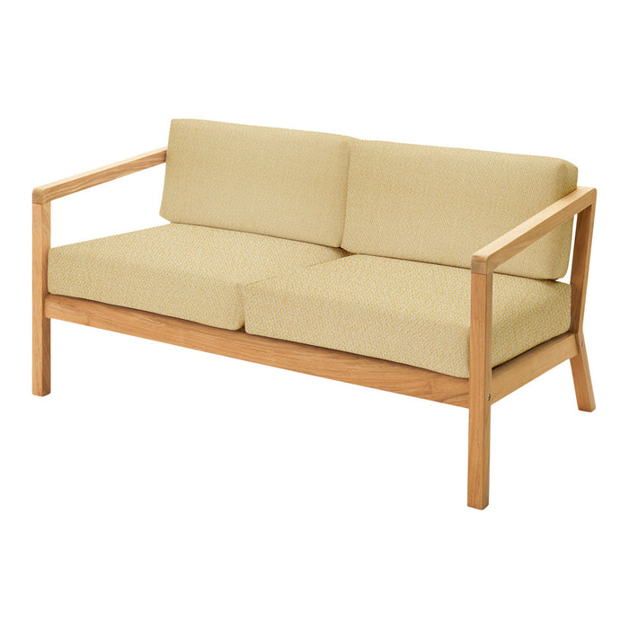 Beige fabric sofa with wooden frame, featuring a simple, modern design and clean lines. Perfect for any décor.