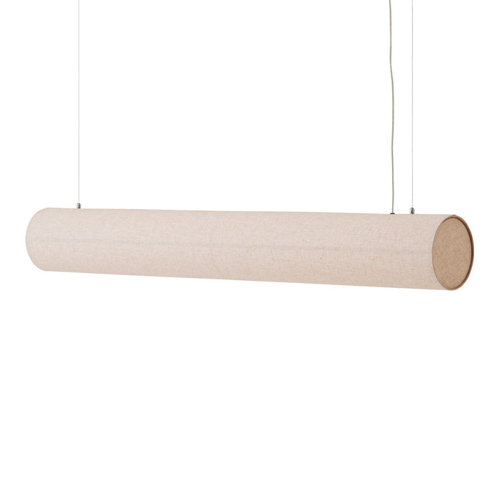Minimalist beige cylindrical pendant light with a sleek, smooth texture, hanging from white wires.
