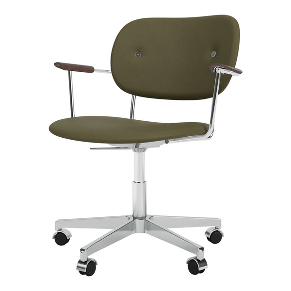 Olive green adjustable chair with chrome base and wooden armrests, featuring a minimalist design and smooth upholstery.