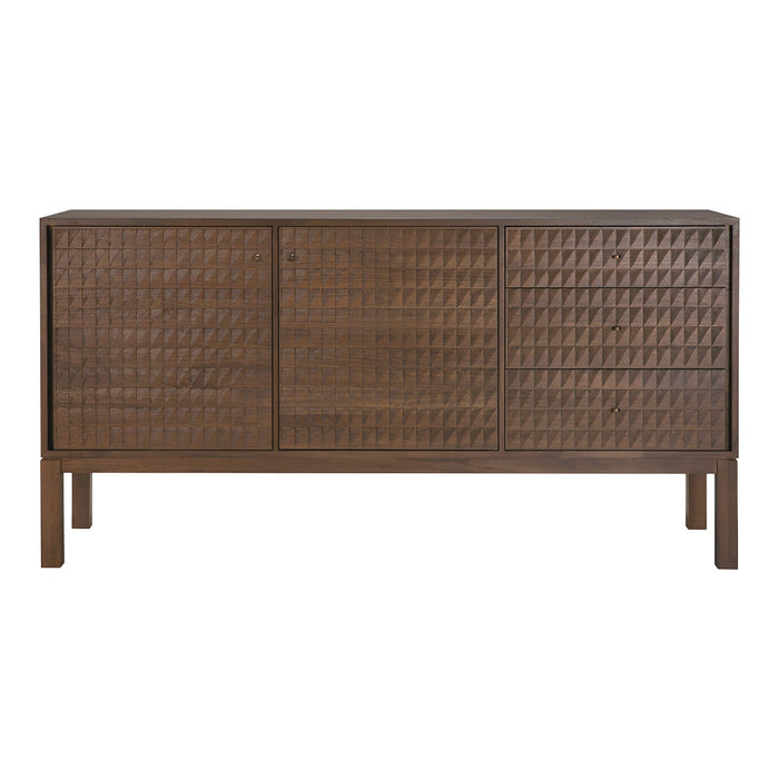 Brown wooden sideboard with a textured geometric pattern and clean lines for a modern aesthetic.