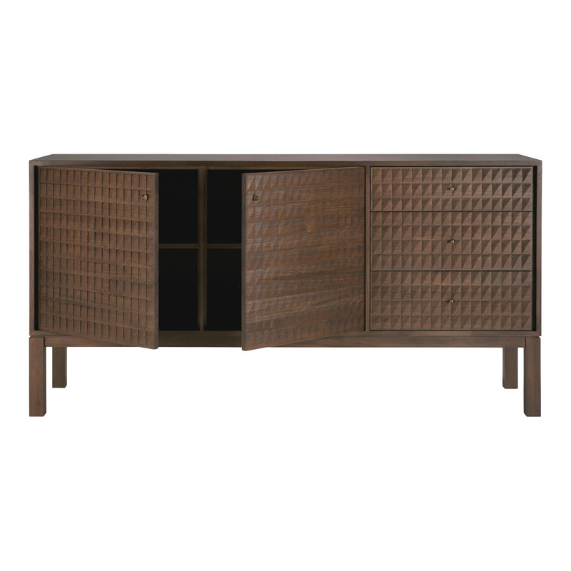 Brown wooden cabinet with a textured diamond-pattern design and sleek, minimalist legs.
