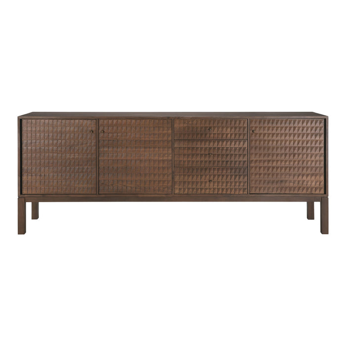 Dark wood sideboard with textured geometric patterns and a rich brown finish. Perfect for modern decor styles.