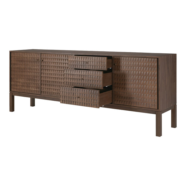 Brown wooden sideboard featuring a textured woven pattern and sleek lines, ideal for modern interiors.