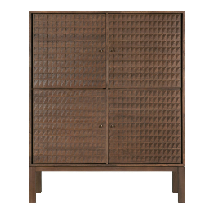 Brown wooden cabinet with a textured geometric pattern and four square compartments. Elegant and modern design.