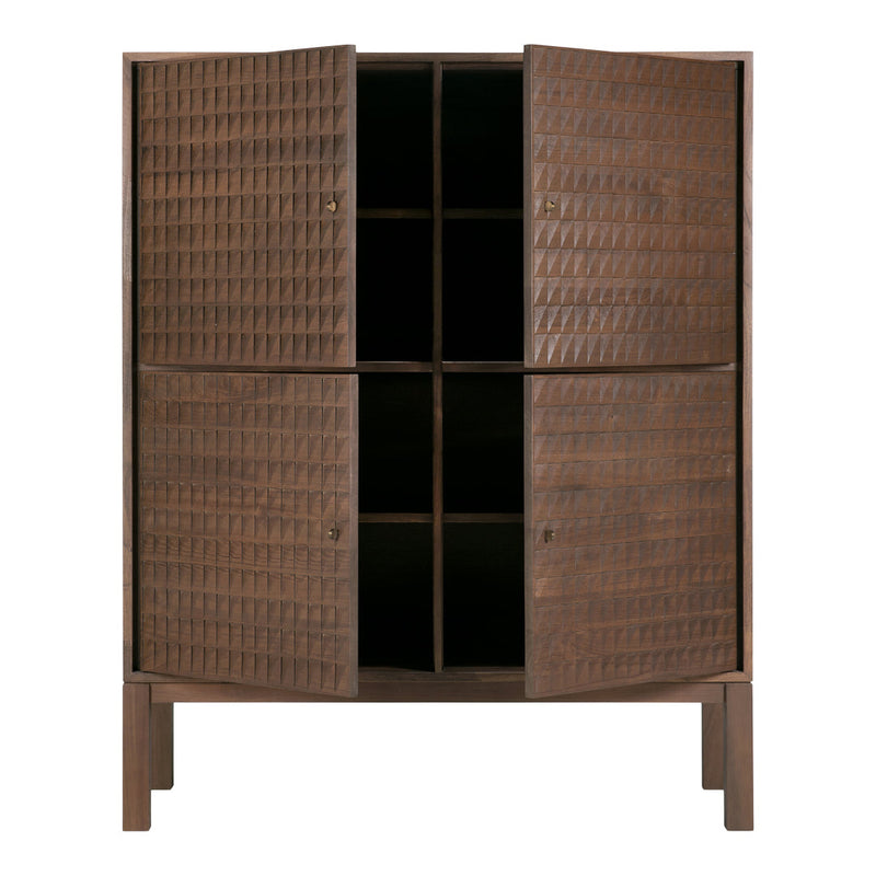 Dark brown textured cabinet with a geometric woven pattern, featuring a modern design and open shelving.