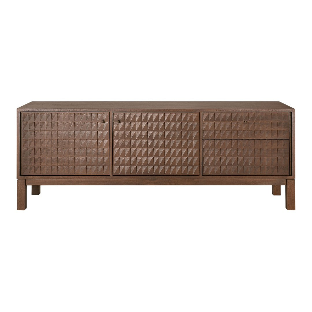 Brown geometric patterned sideboard with textured diamond detailing and smooth contrasting surfaces.