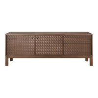 Brown geometric patterned sideboard with textured diamond detailing and smooth contrasting surfaces.